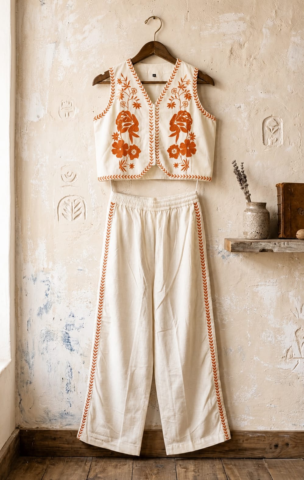 Elegant Cream Floral Embroidery Co-ord Set | Cotton Flex | Sleeveless V-Neck Top & Pants