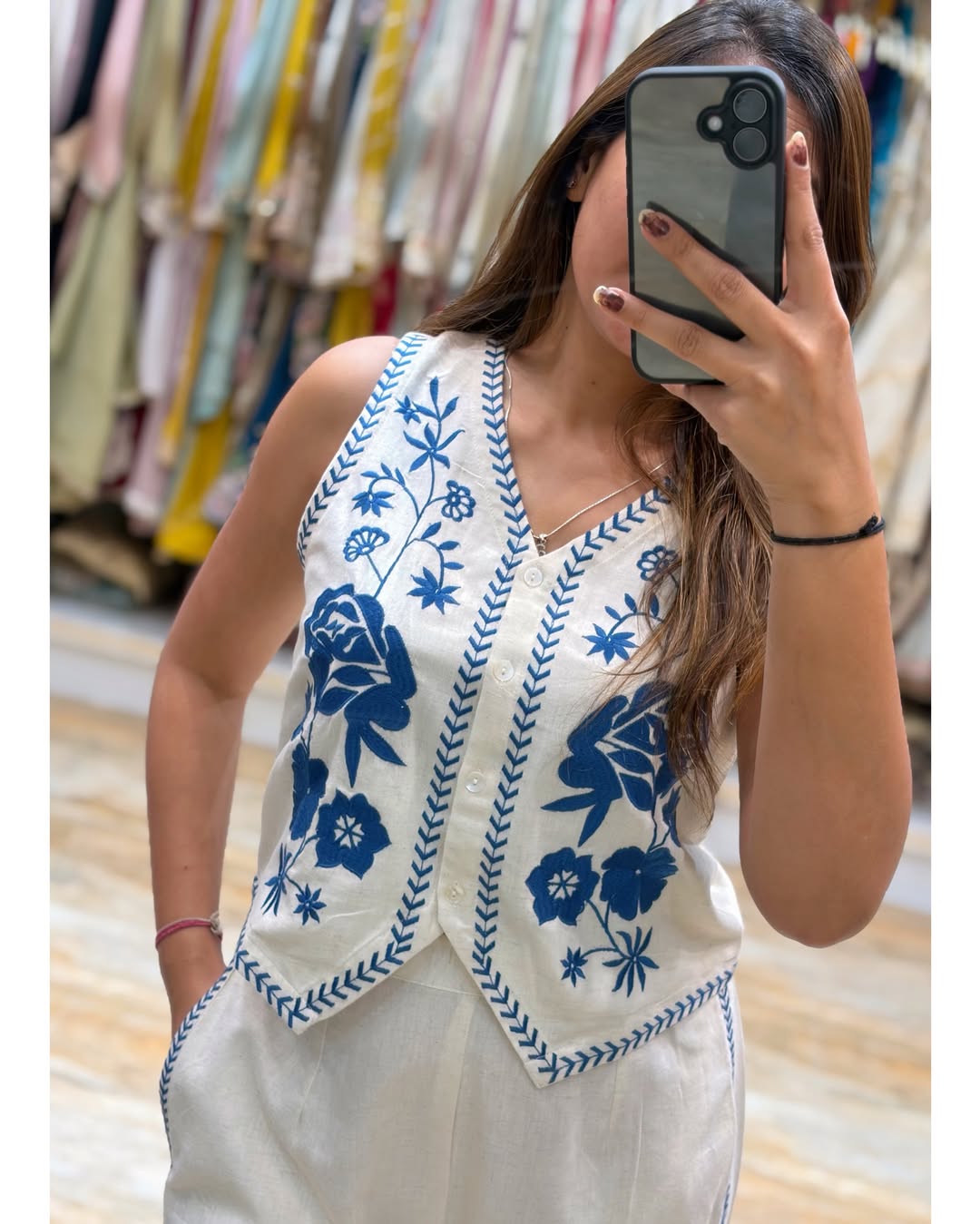 Elegant Cream Floral Embroidery Co-ord Set | Cotton Flex | Sleeveless V-Neck Top & Pants