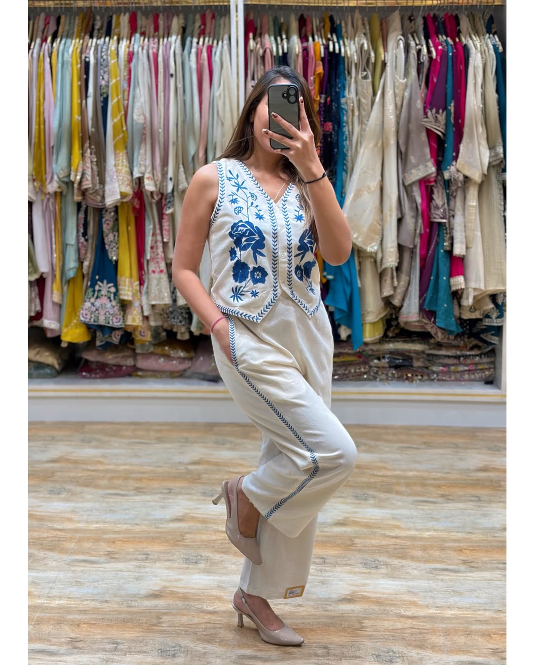 Elegant Cream Floral Embroidery Co-ord Set | Cotton Flex | Sleeveless V-Neck Top & Pants