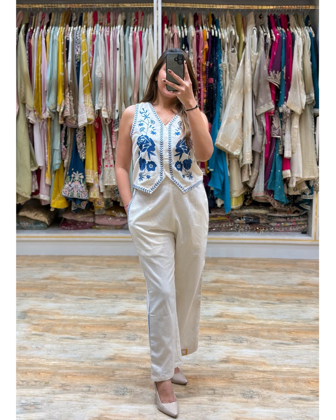 Elegant Cream Floral Embroidery Co-ord Set | Cotton Flex | Sleeveless V-Neck Top & Pants