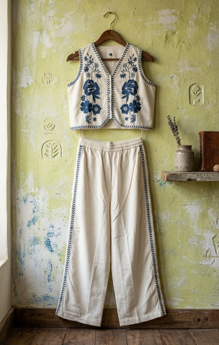 Elegant Cream Floral Embroidery Co-ord Set | Cotton Flex | Sleeveless V-Neck Top & Pants