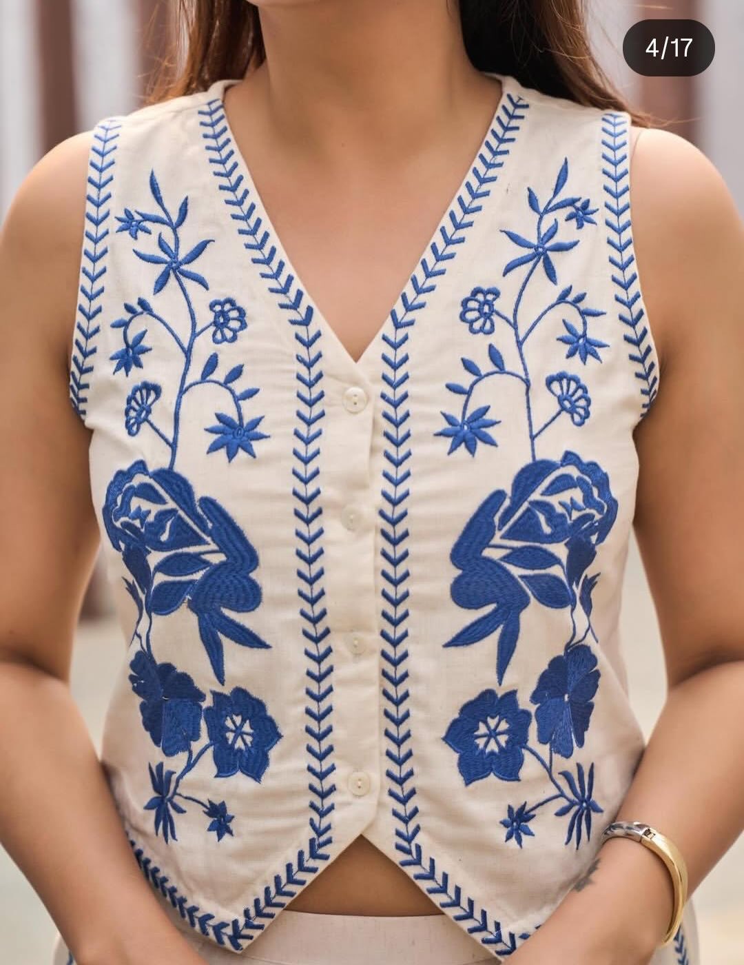 Elegant Cream Floral Embroidery Co-ord Set | Cotton Flex | Sleeveless V-Neck Top & Pants