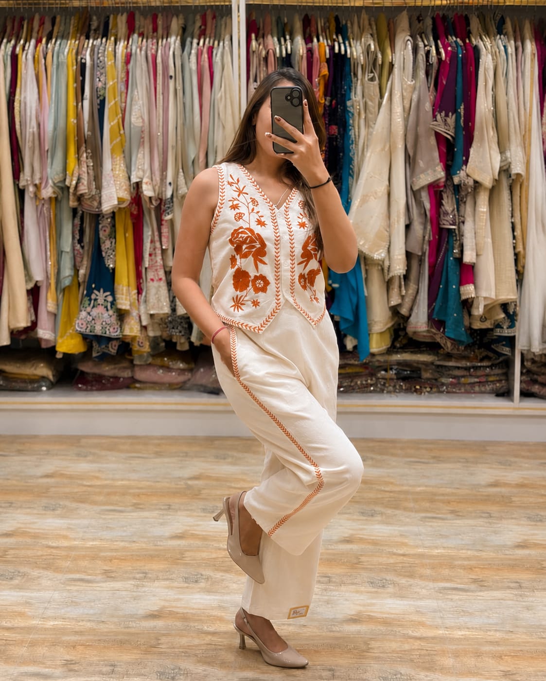 Elegant Cream Floral Embroidery Co-ord Set | Cotton Flex | Sleeveless V-Neck Top & Pants
