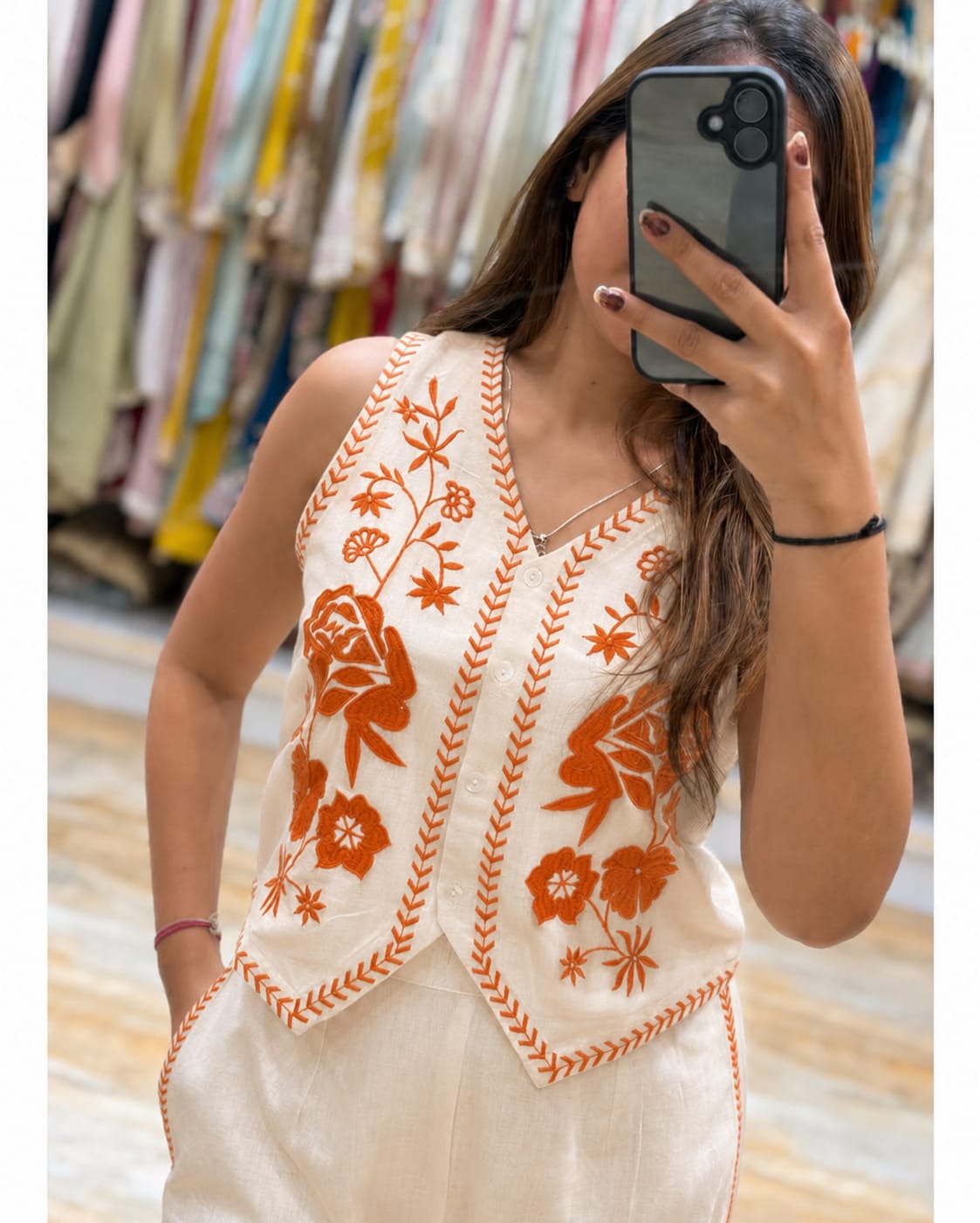 Elegant Cream Floral Embroidery Co-ord Set | Cotton Flex | Sleeveless V-Neck Top & Pants