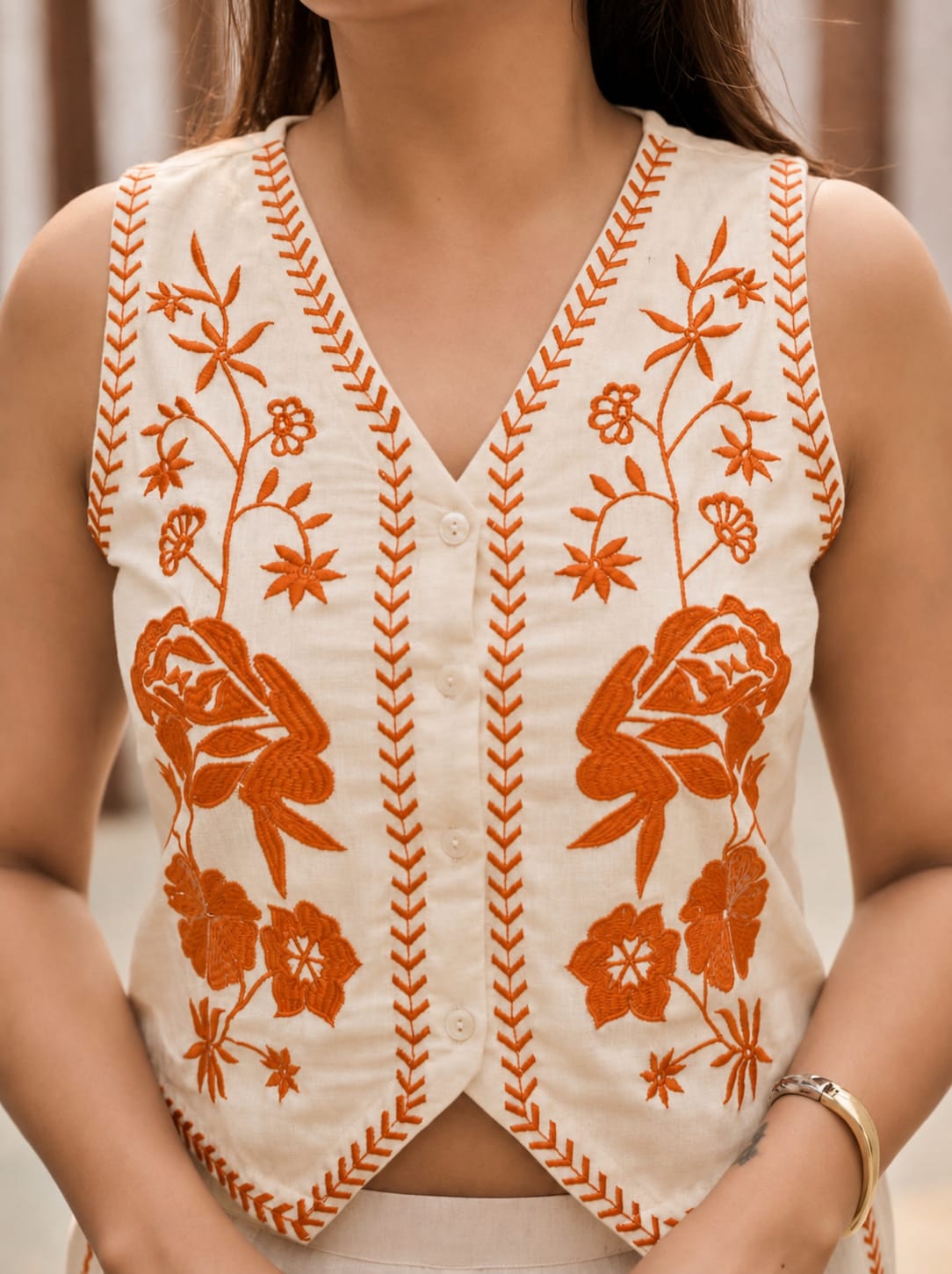 Elegant Cream Floral Embroidery Co-ord Set | Cotton Flex | Sleeveless V-Neck Top & Pants