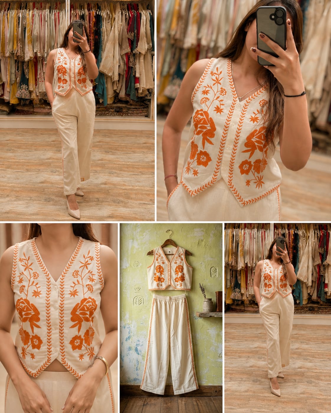 Elegant Cream Floral Embroidery Co-ord Set | Cotton Flex | Sleeveless V-Neck Top & Pants