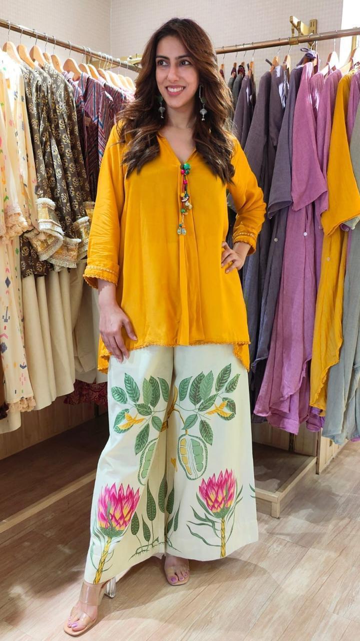 Premium Cotton Co-ord Set - Yellow Kurti front view