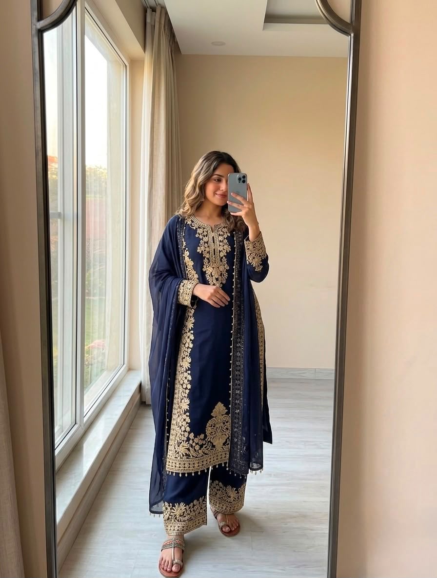Navy Blue Georgette Palazzo Set - Model Front View with Dupatta