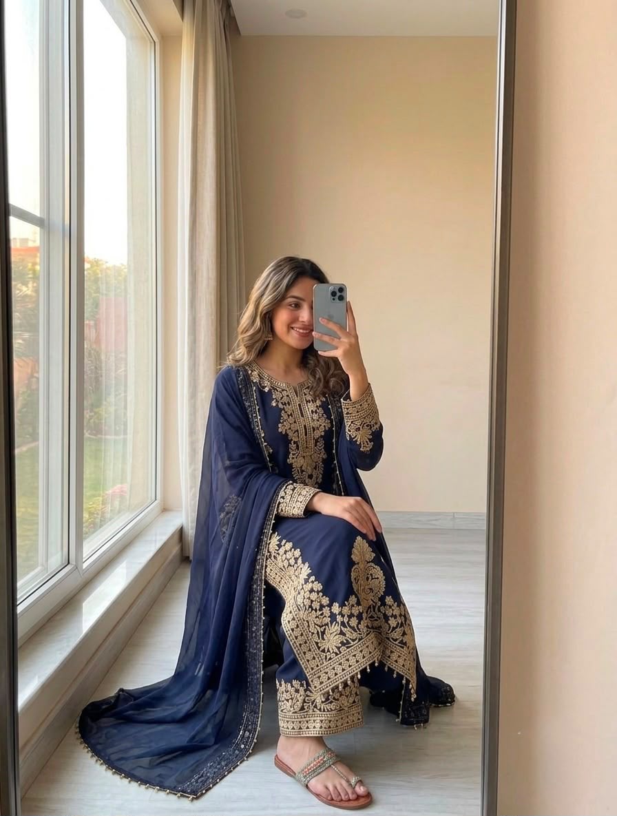 Navy Blue Georgette Palazzo Set - Flat Lay Full Set with Sandals