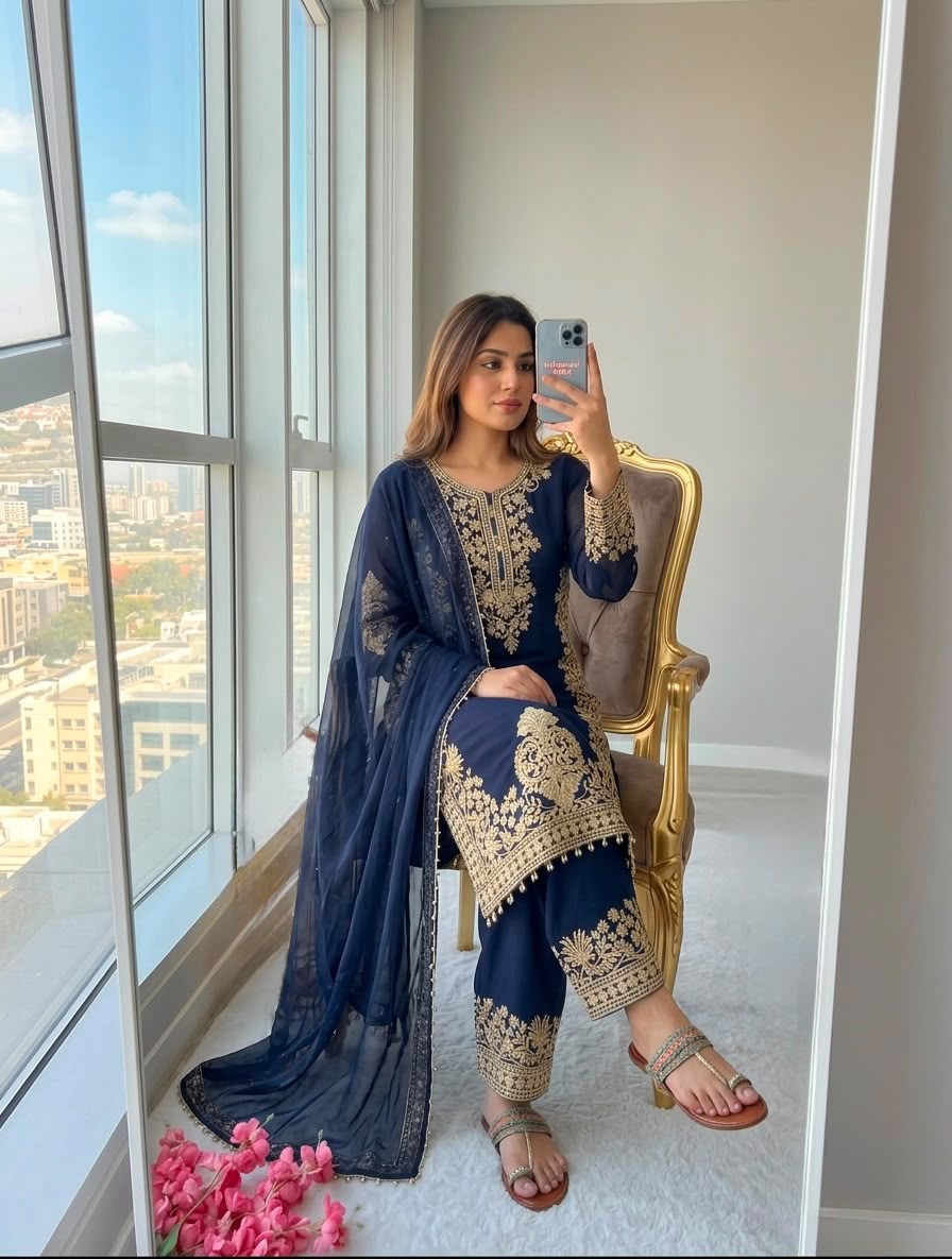 Navy Blue Georgette Palazzo Set - Flat Lay Angled View