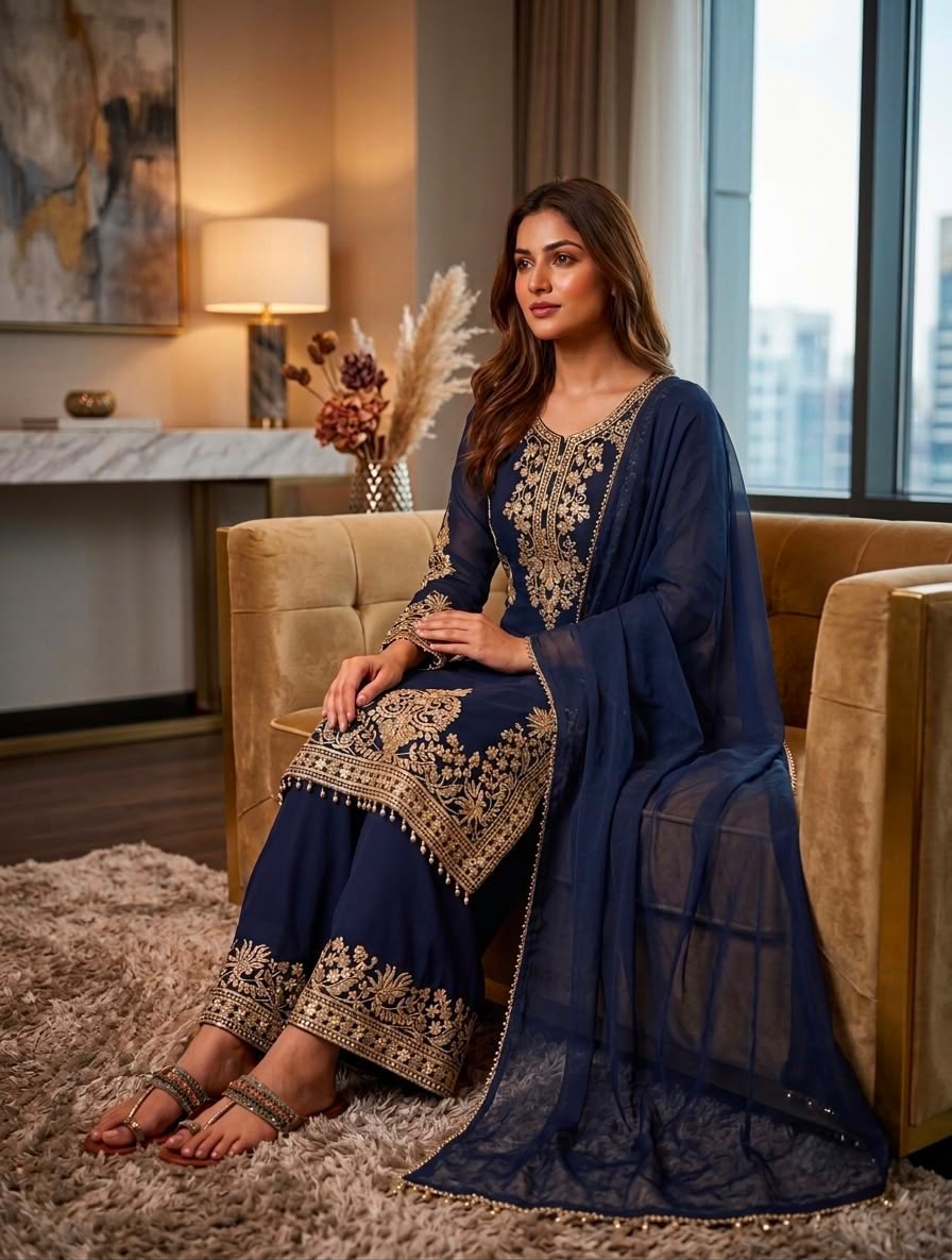 Navy Blue Georgette Palazzo Set - Model Full Length Front Smiling