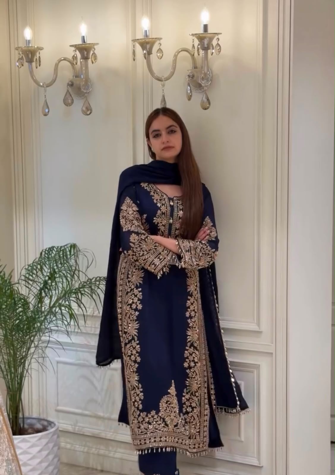 Navy Blue Georgette Palazzo Set - Top Flat Lay with Dupatta Close Up