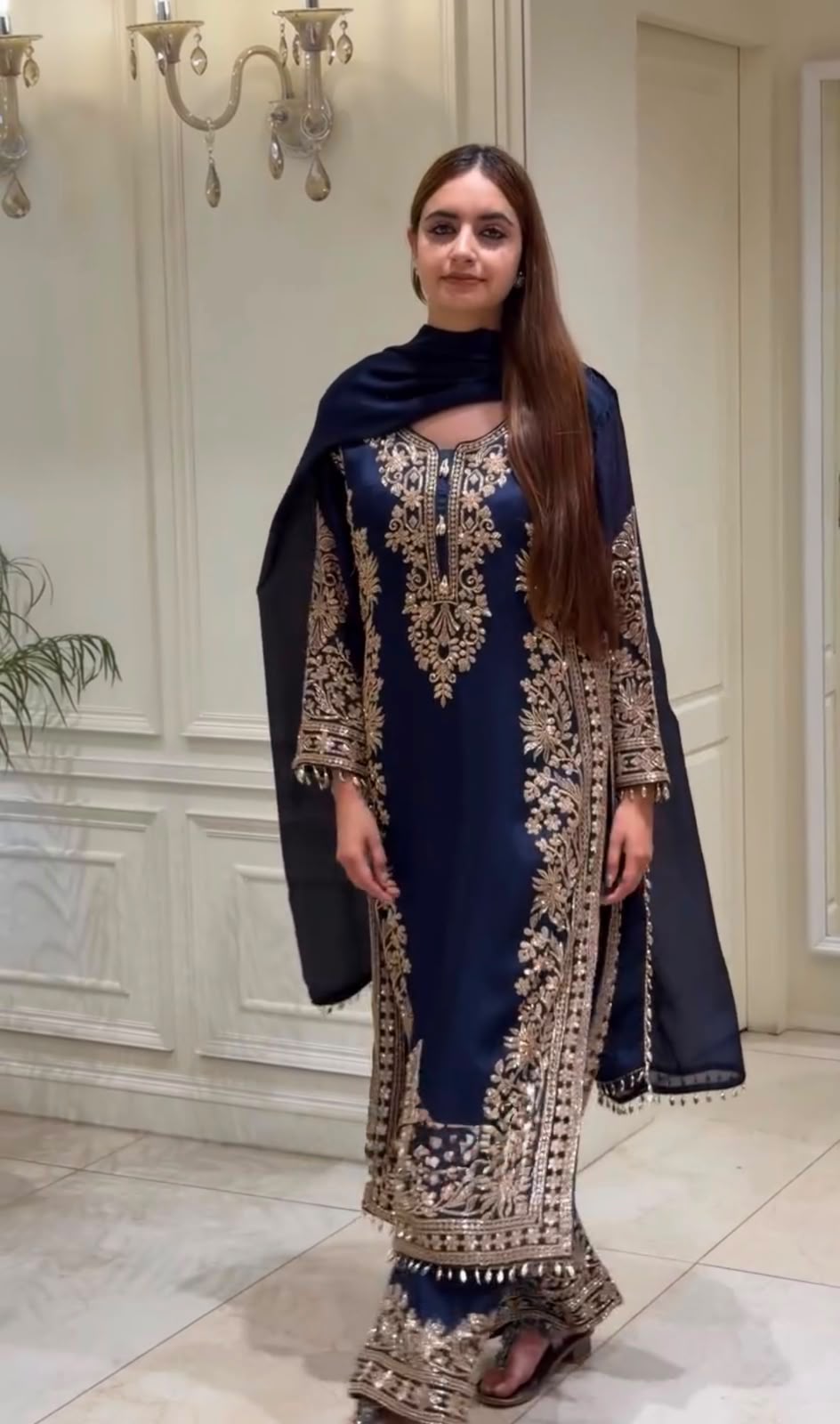 Navy Blue Georgette Palazzo Set - Embroidery Border Detail
