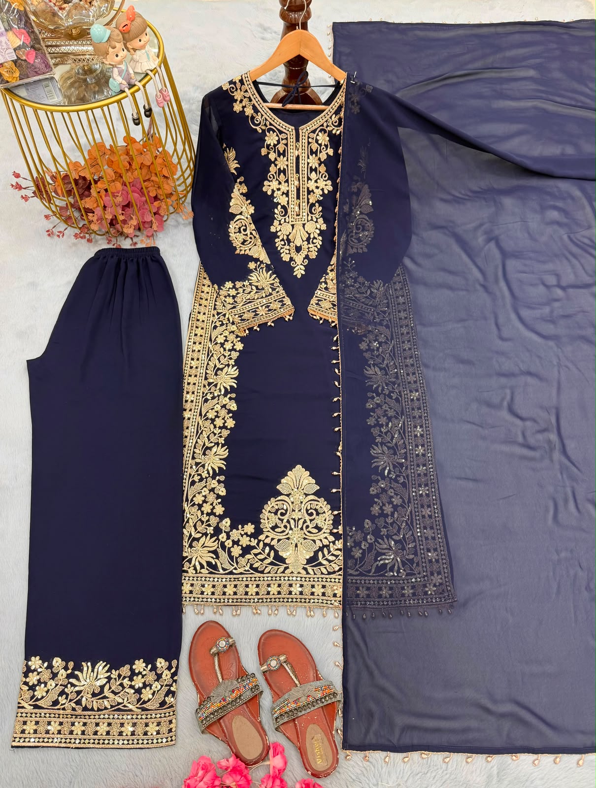 Navy Blue Georgette Palazzo Set - Full Set Flat Lay with Sandals