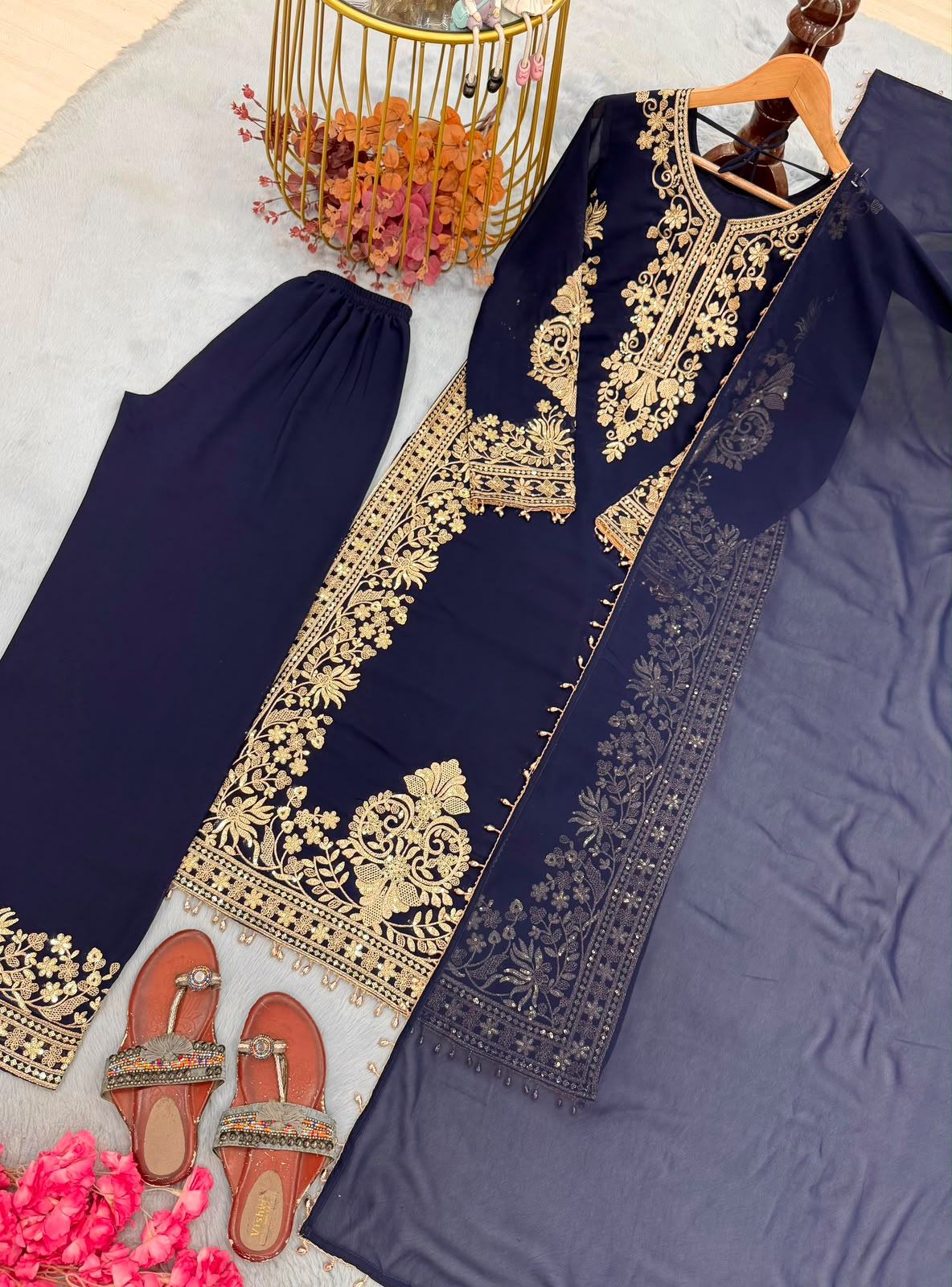 Navy Blue Georgette Palazzo Set - Neckline & Sequin Work Detail