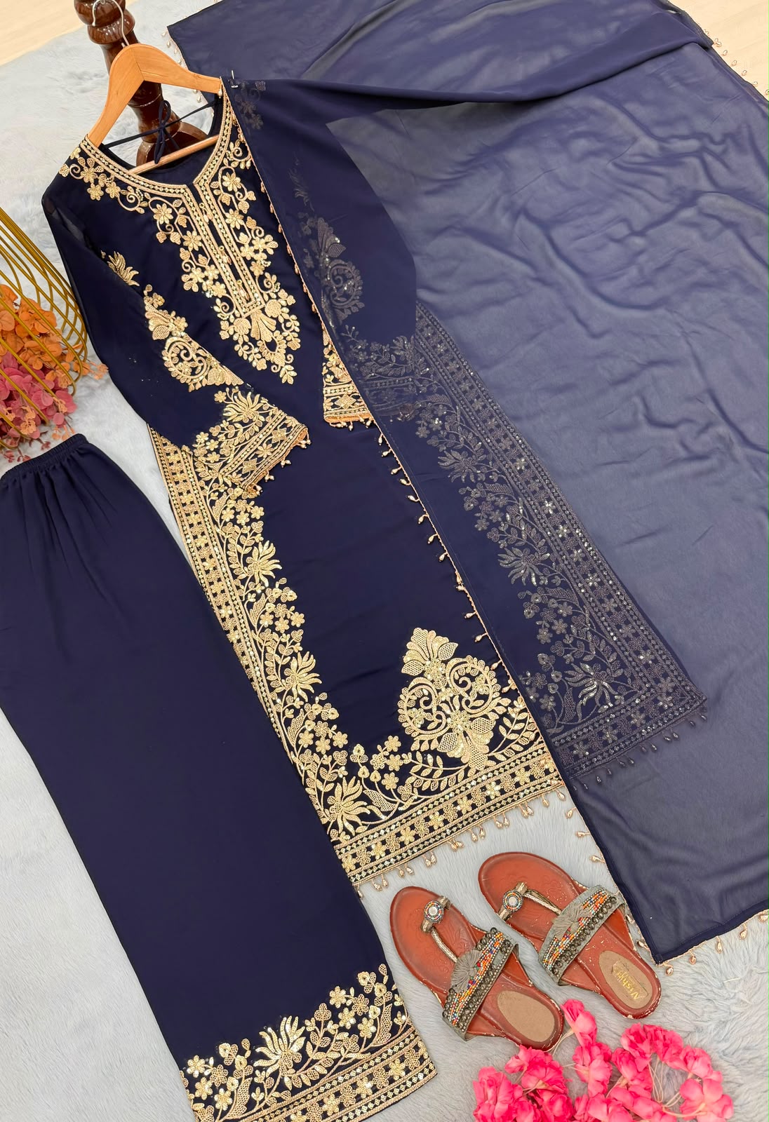Navy Blue Georgette Palazzo Set - Dupatta Lace Border Detail