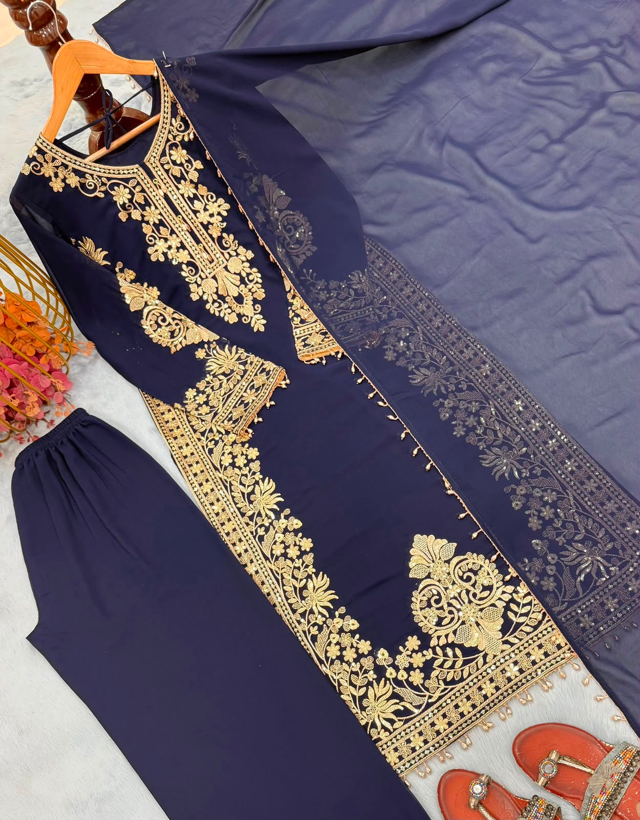 Navy Blue Georgette Palazzo Set - Hem & Latkan Border Detail