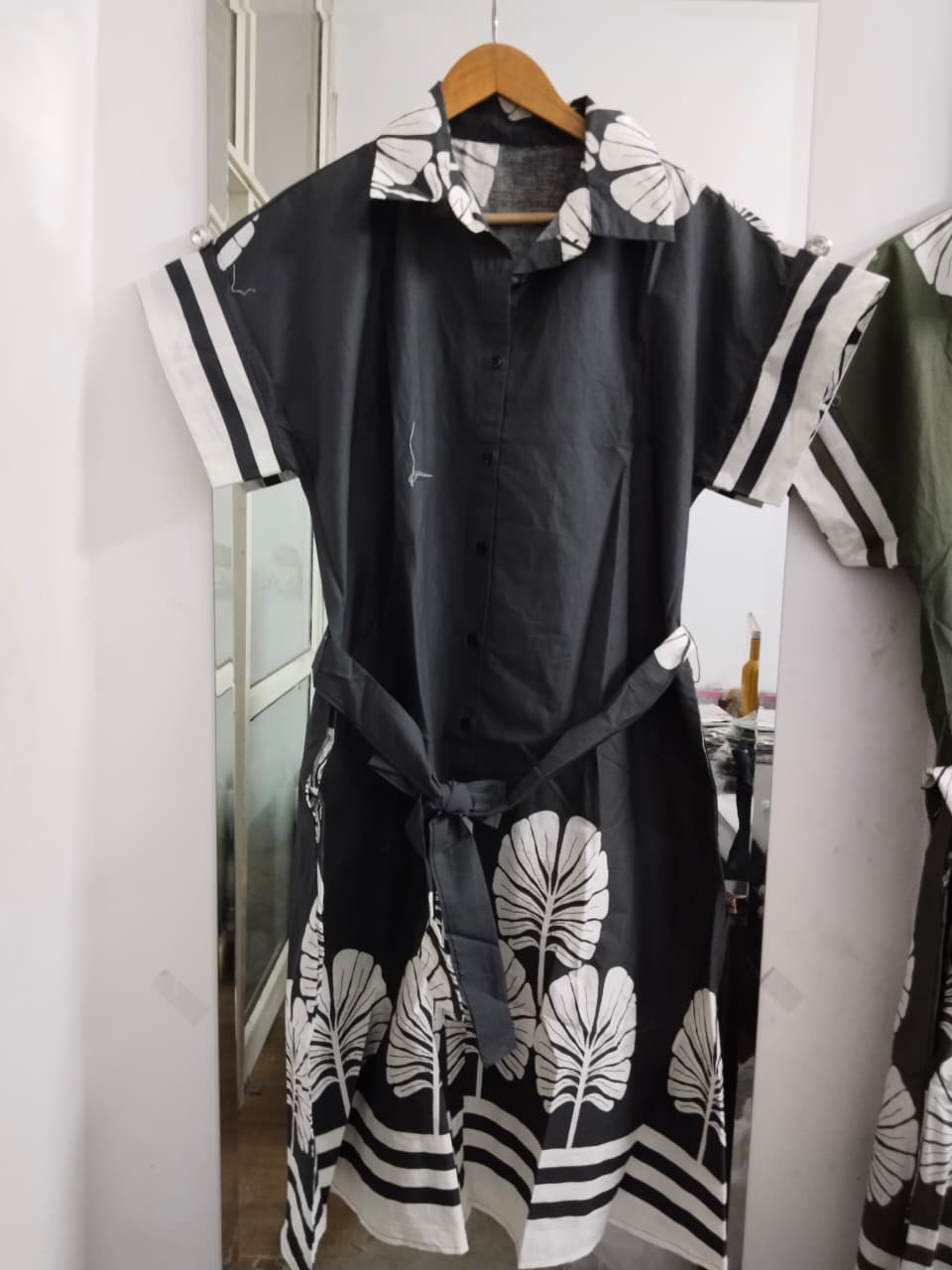 Black Tropical Leaf Print Cotton Shirt Dress - Hanger View Full Length