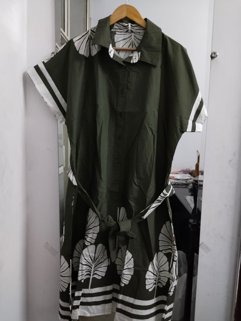 Olive Green Tropical Leaf Print Cotton Shirt Dress - Hanger View Full Length