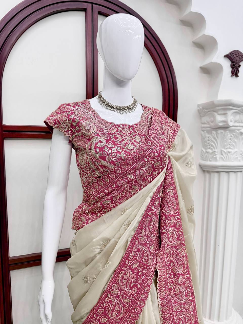 Cream Glass Organza Saree with Rani Pink Border - Mannequin Front View