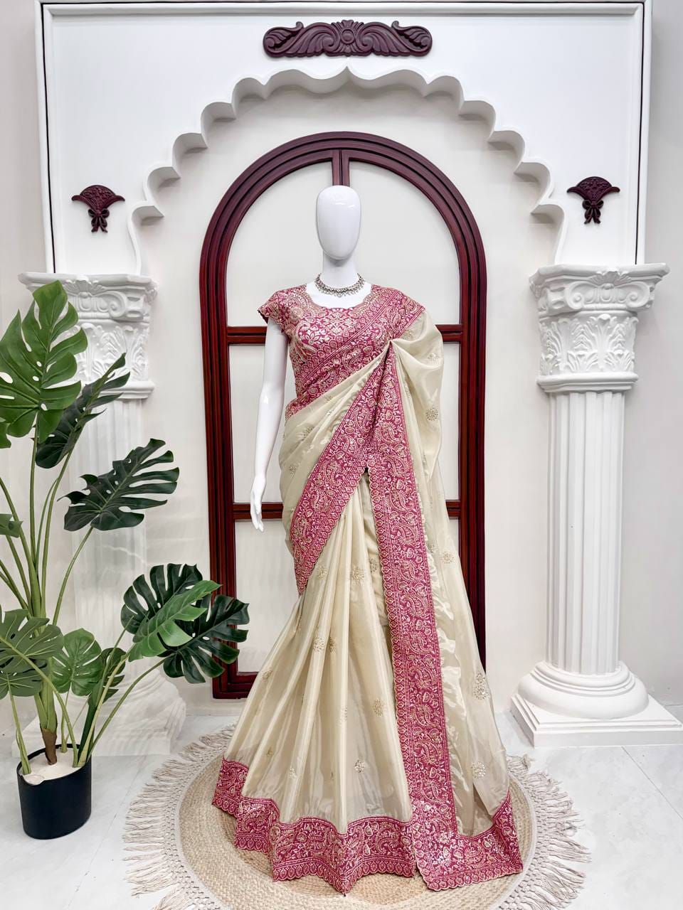 Cream Glass Organza Saree - Mannequin Full View