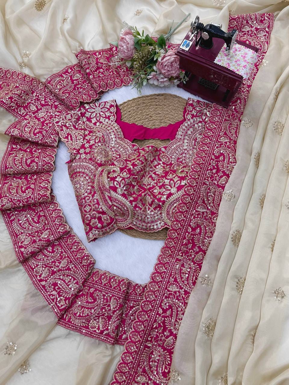 Saree & Blouse Folded Flat Lay with Border Detail