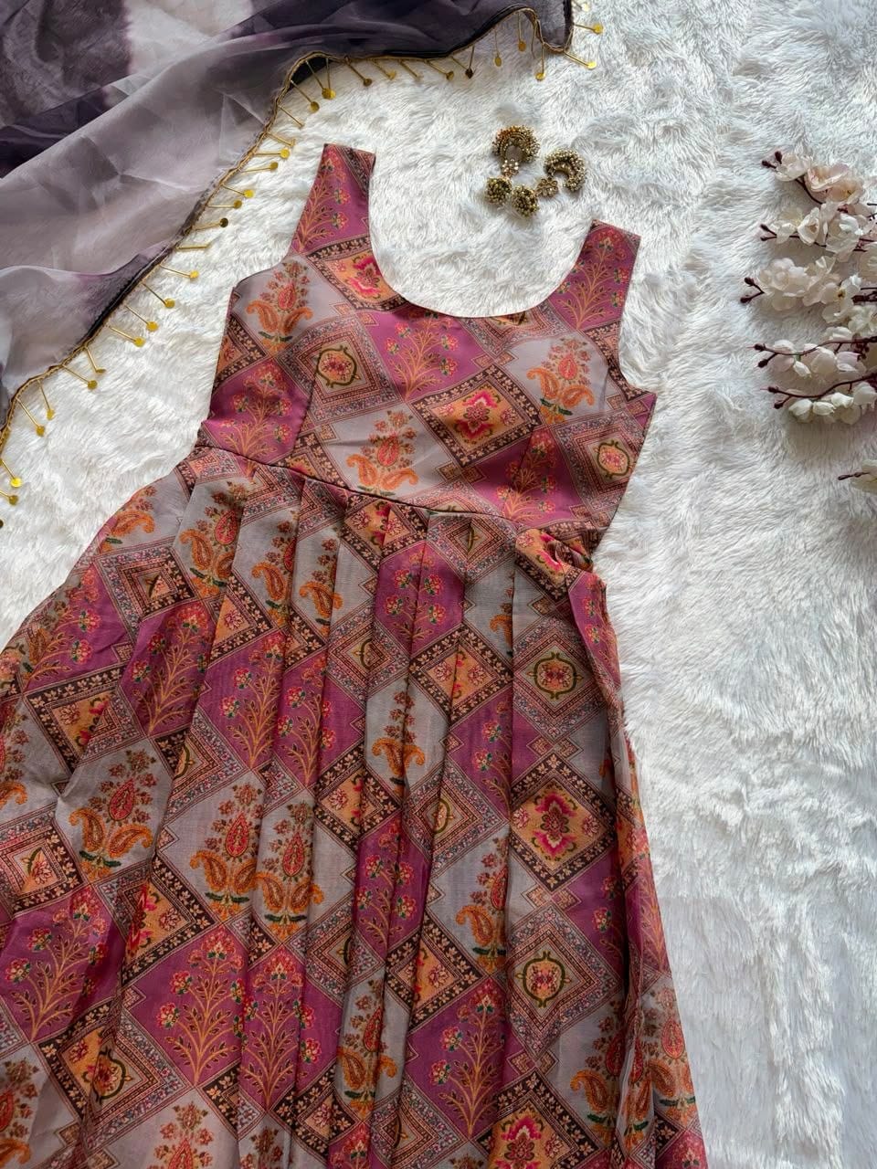 Multicolour Organza Silk Anarkali Gown - Flat Lay Close Up