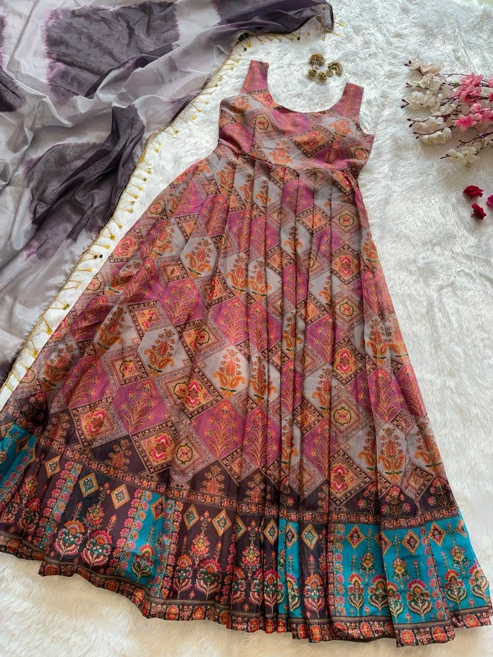 Multicolour Organza Silk Anarkali Gown with Dupatta - Full Flat Lay