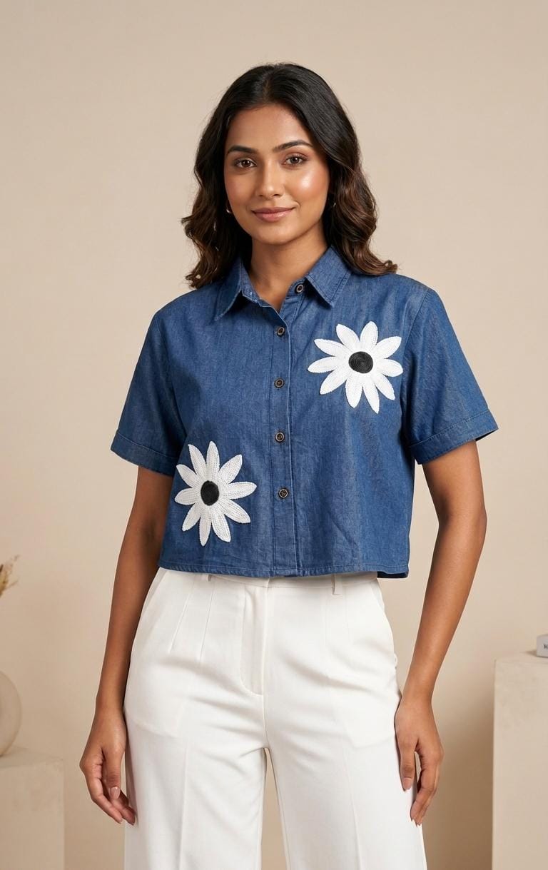Daisy Flower Denim Shirt - Light Blue & Dark Blue