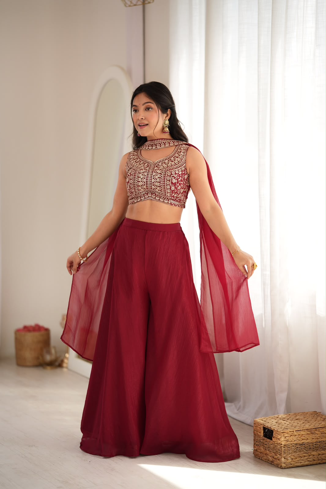 Deep Maroon Crunchy Silk Crop Top Palazzo Set - Model Front View