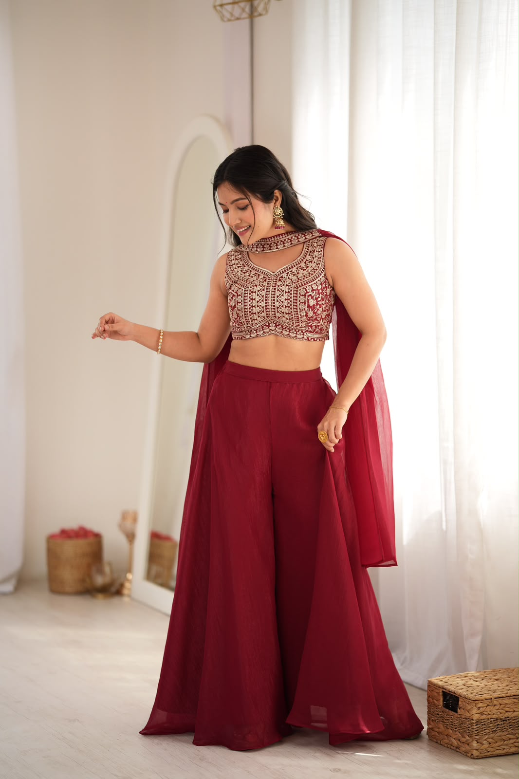 Deep Maroon Crunchy Silk Crop Top Palazzo Set - Model Back View