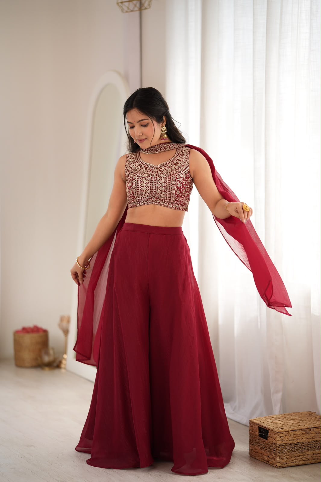 Deep Maroon Crunchy Silk Crop Top Palazzo Set - Flat Lay Full Set