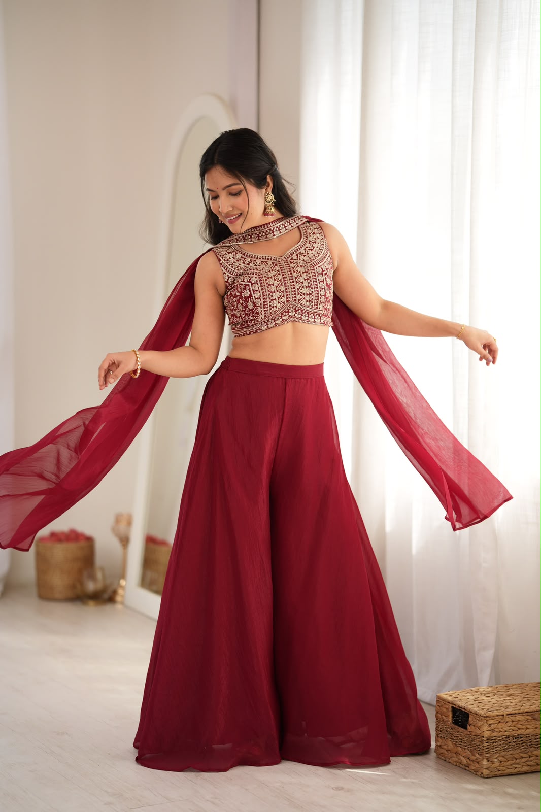 Deep Maroon Crunchy Silk Crop Top - Embroidery Close Up Flat Lay