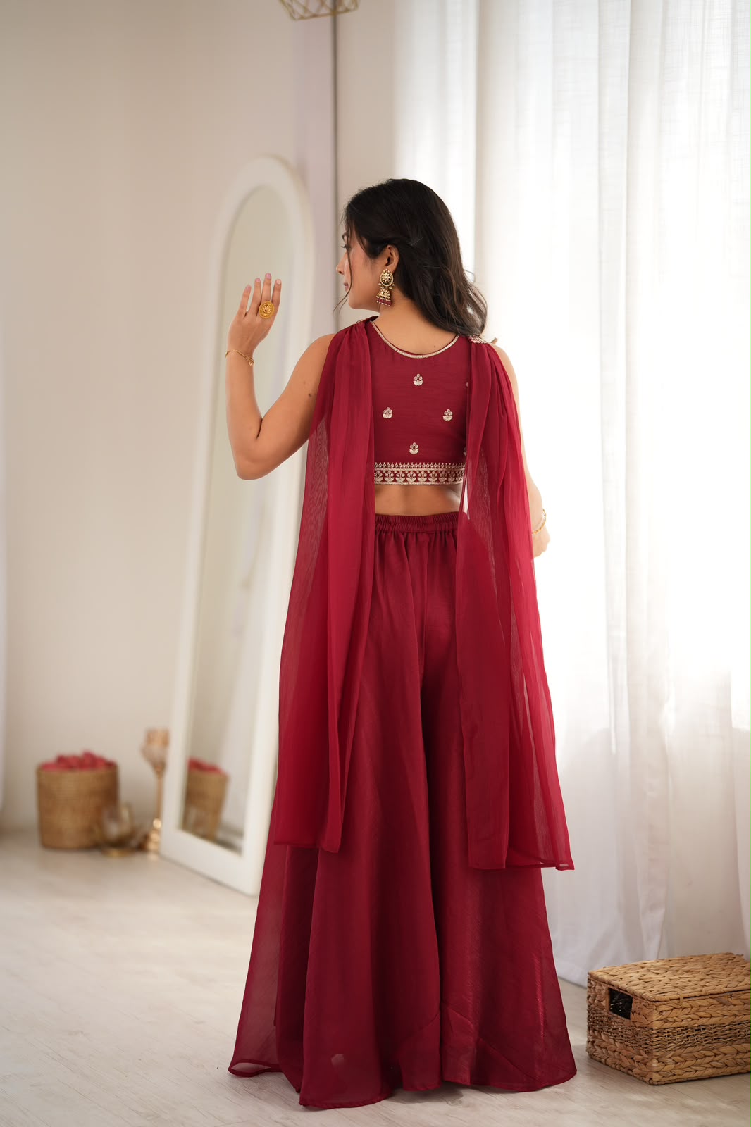 Deep Maroon Crunchy Silk Crop Top Back - Sequin Embroidery Detail Flat Lay