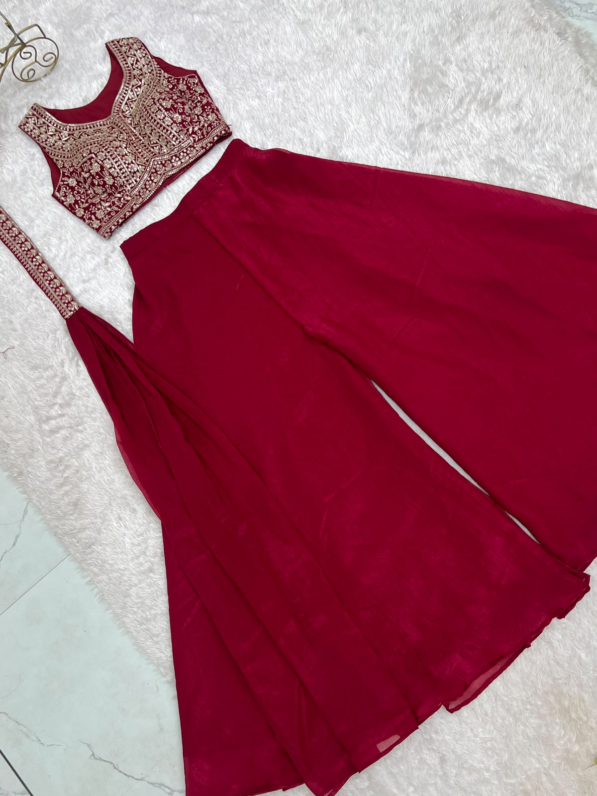 Deep Maroon Crunchy Silk Crop Top Palazzo Set with Dupatta - Full Flat Lay