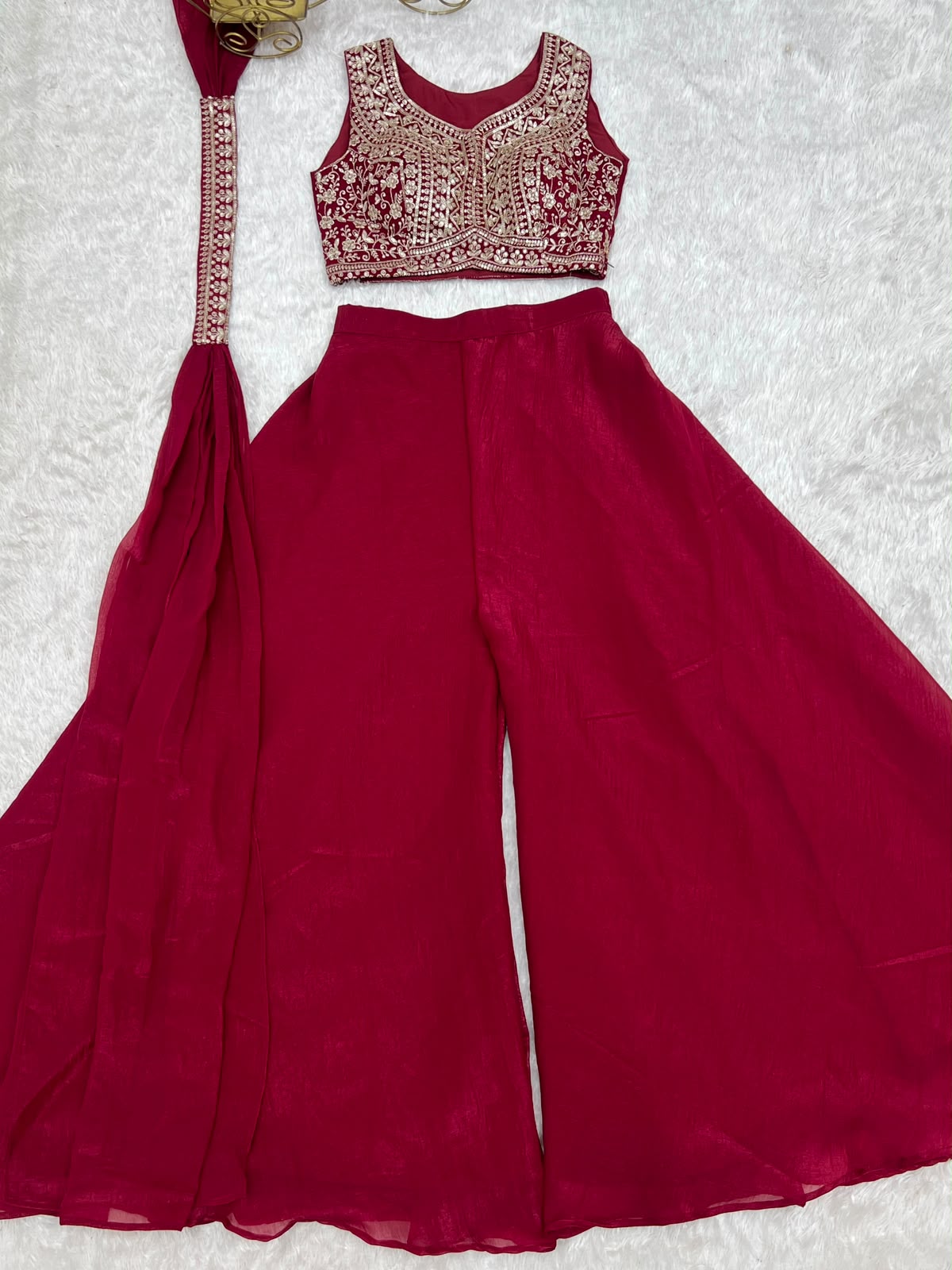 Deep Maroon Crunchy Silk Crop Top Palazzo Set - Additional Flat Lay View