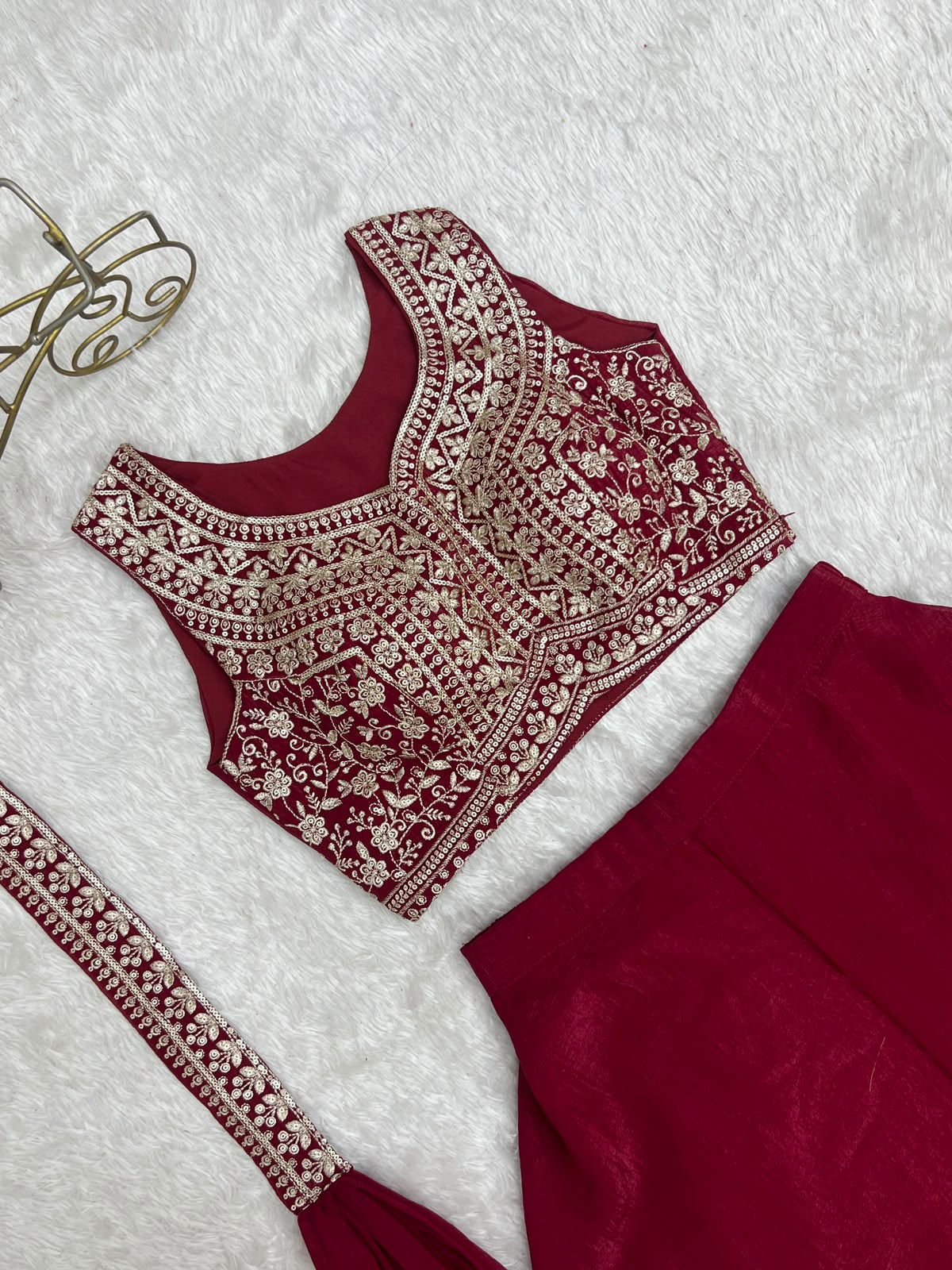 Deep Maroon Crunchy Silk Palazzo - Wide Leg Flair Detail