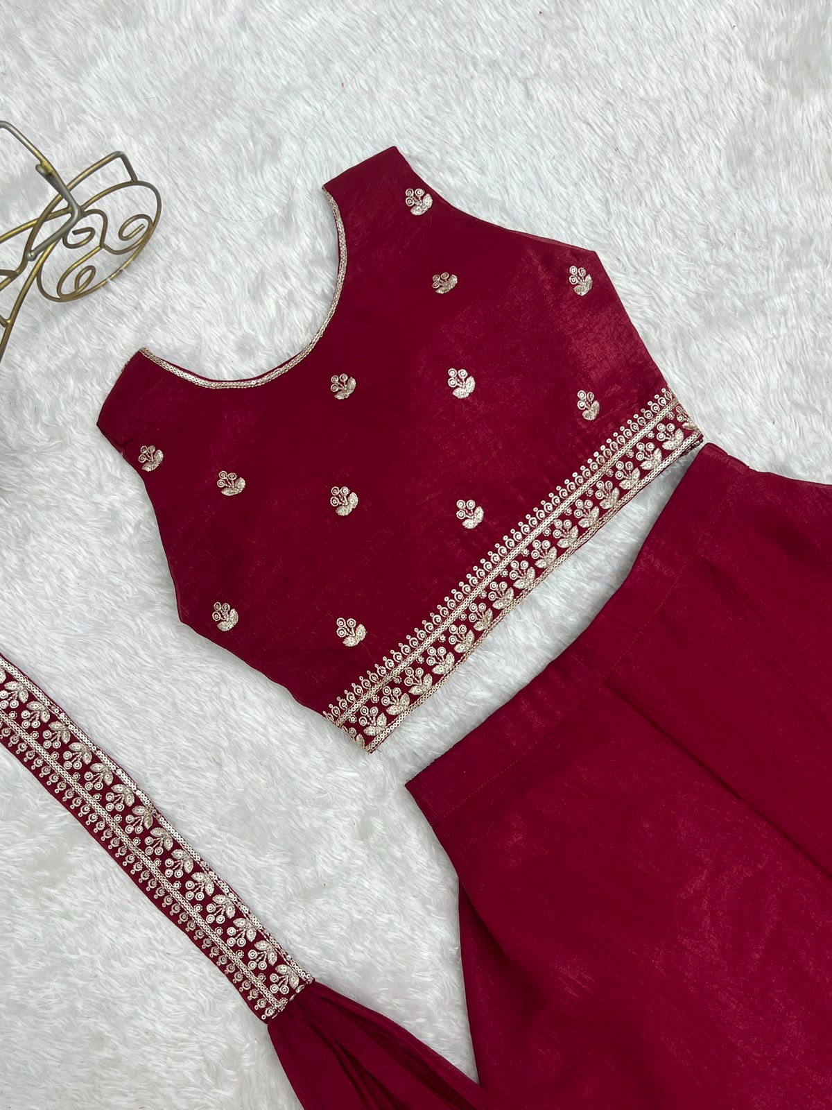 Deep Maroon Crunchy Silk Crop Top - Back Embroidery Detail Close Up