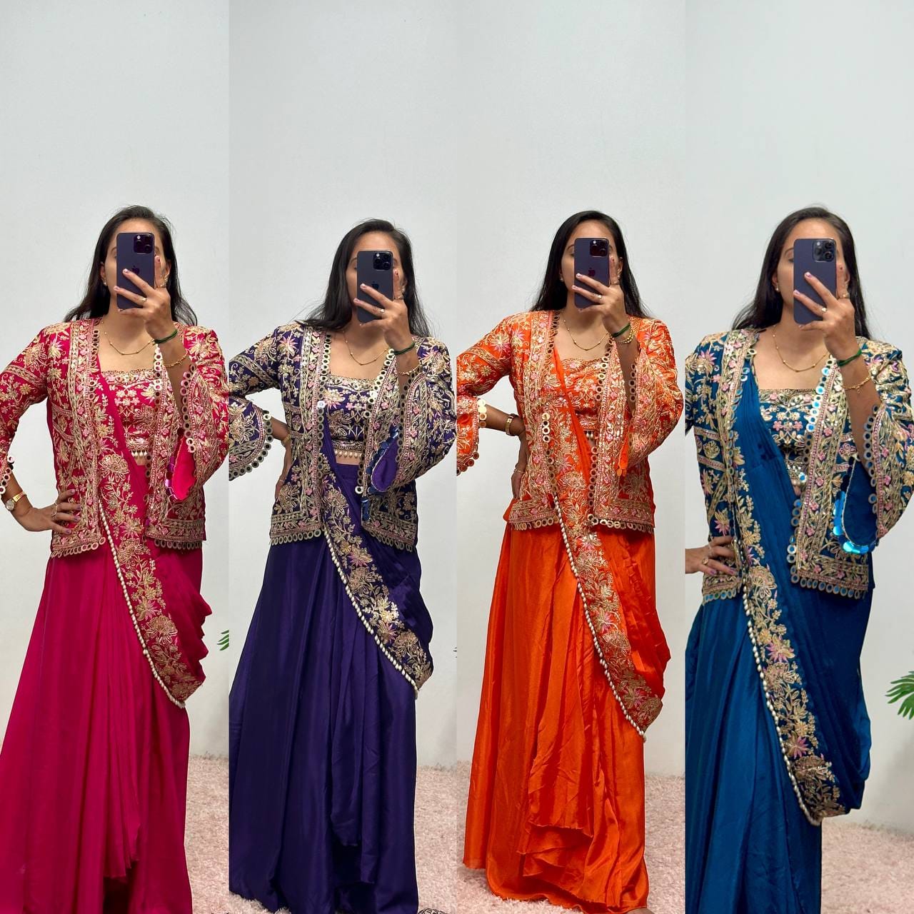 Rani Pink Chinon Ready To Wear Saree with Embroidered Koti - Model Front View