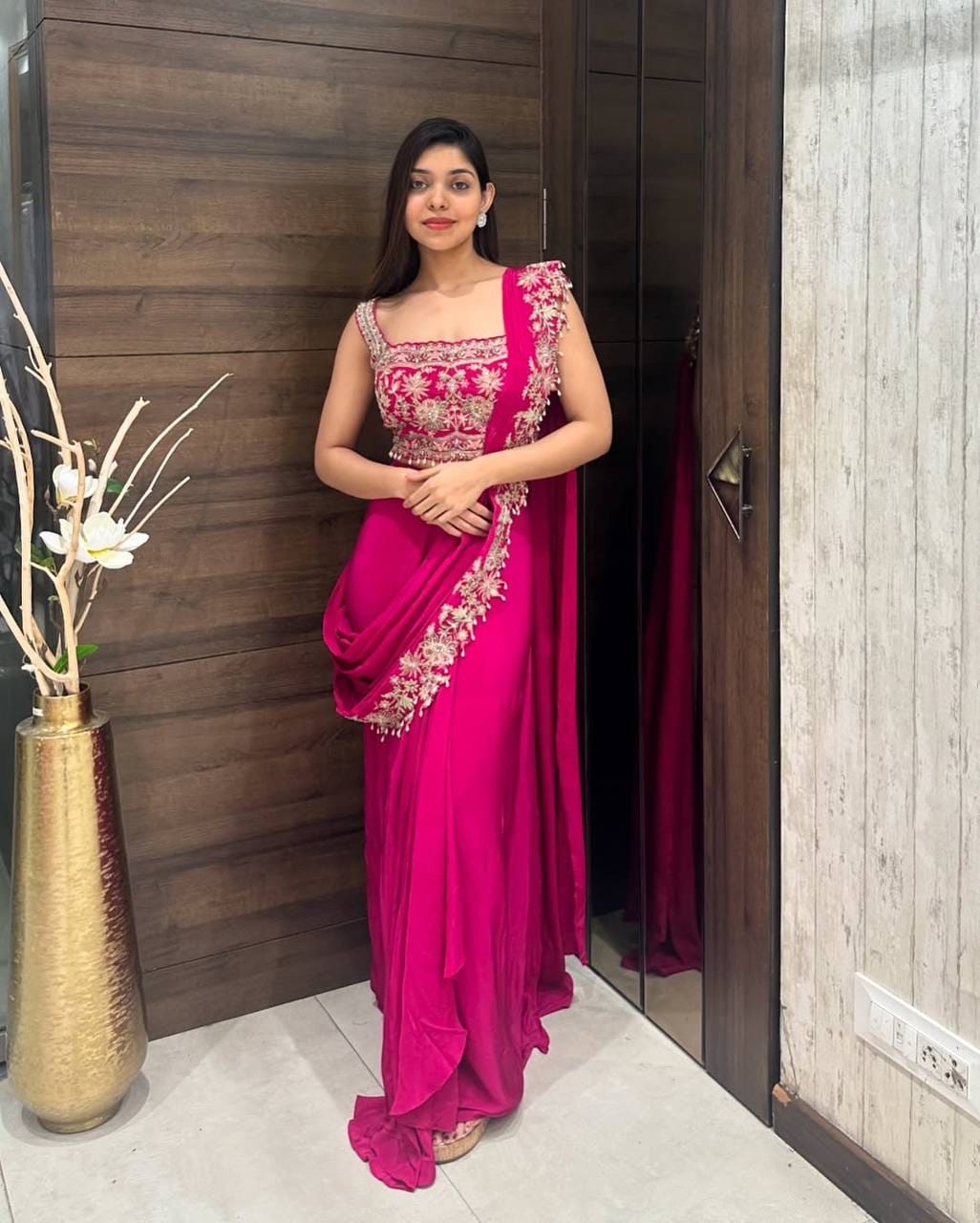 Rani Pink Chinon Saree with Embroidered Bell Sleeve Koti - Model Close Up