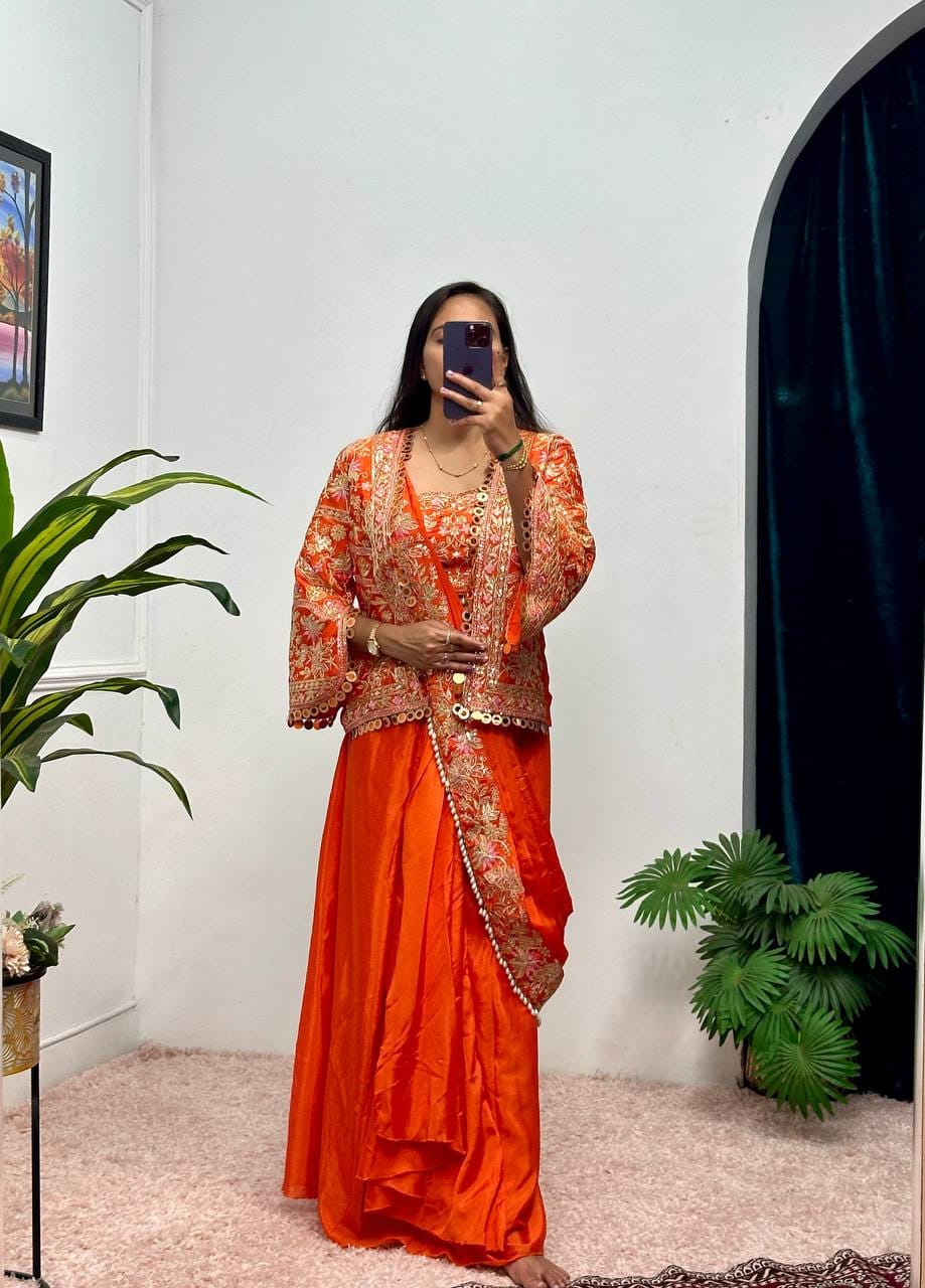 Purple Chinon Ready To Wear Saree with Embroidered Koti - Model Full View