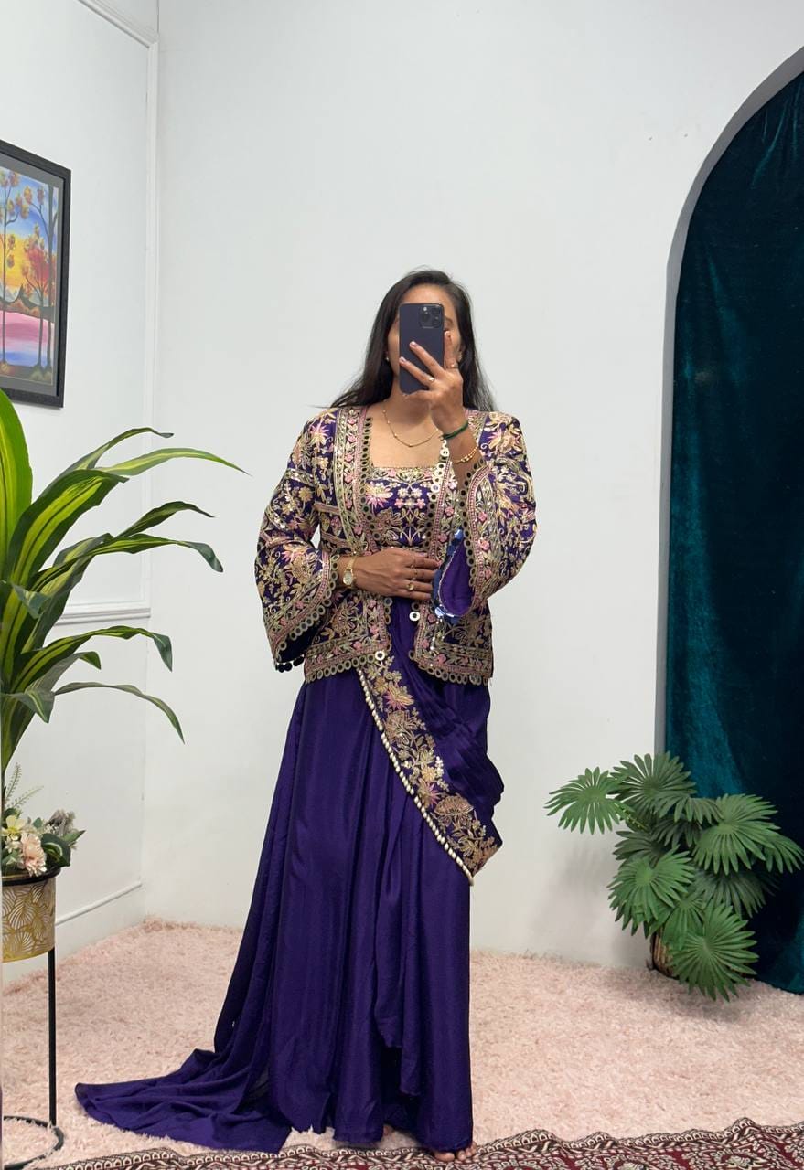 Teal Blue Chinon Ready To Wear Saree with Embroidered Koti - Model Full View