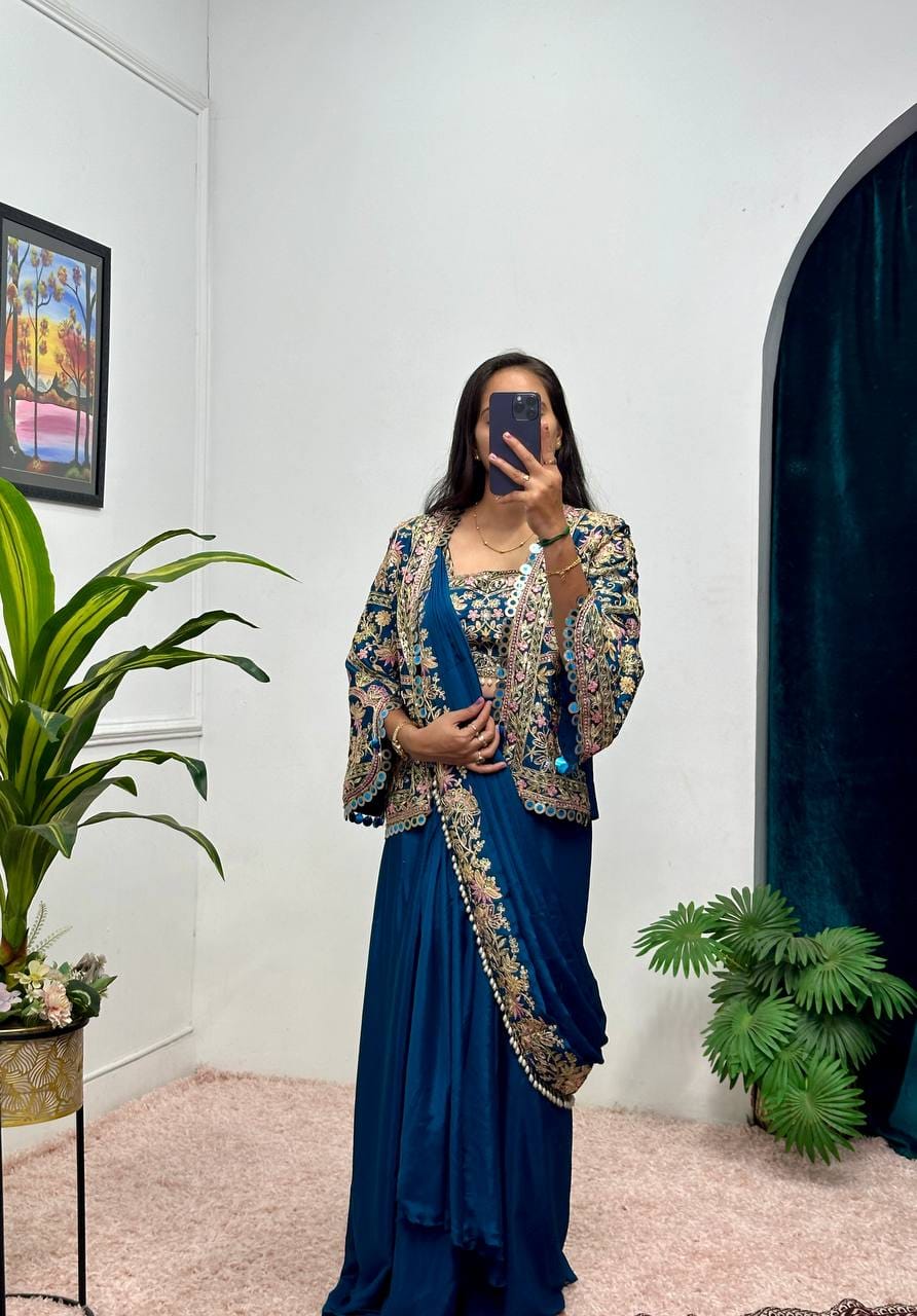 Rani Pink Chinon Saree with Koti - Model Mirror Selfie Full View