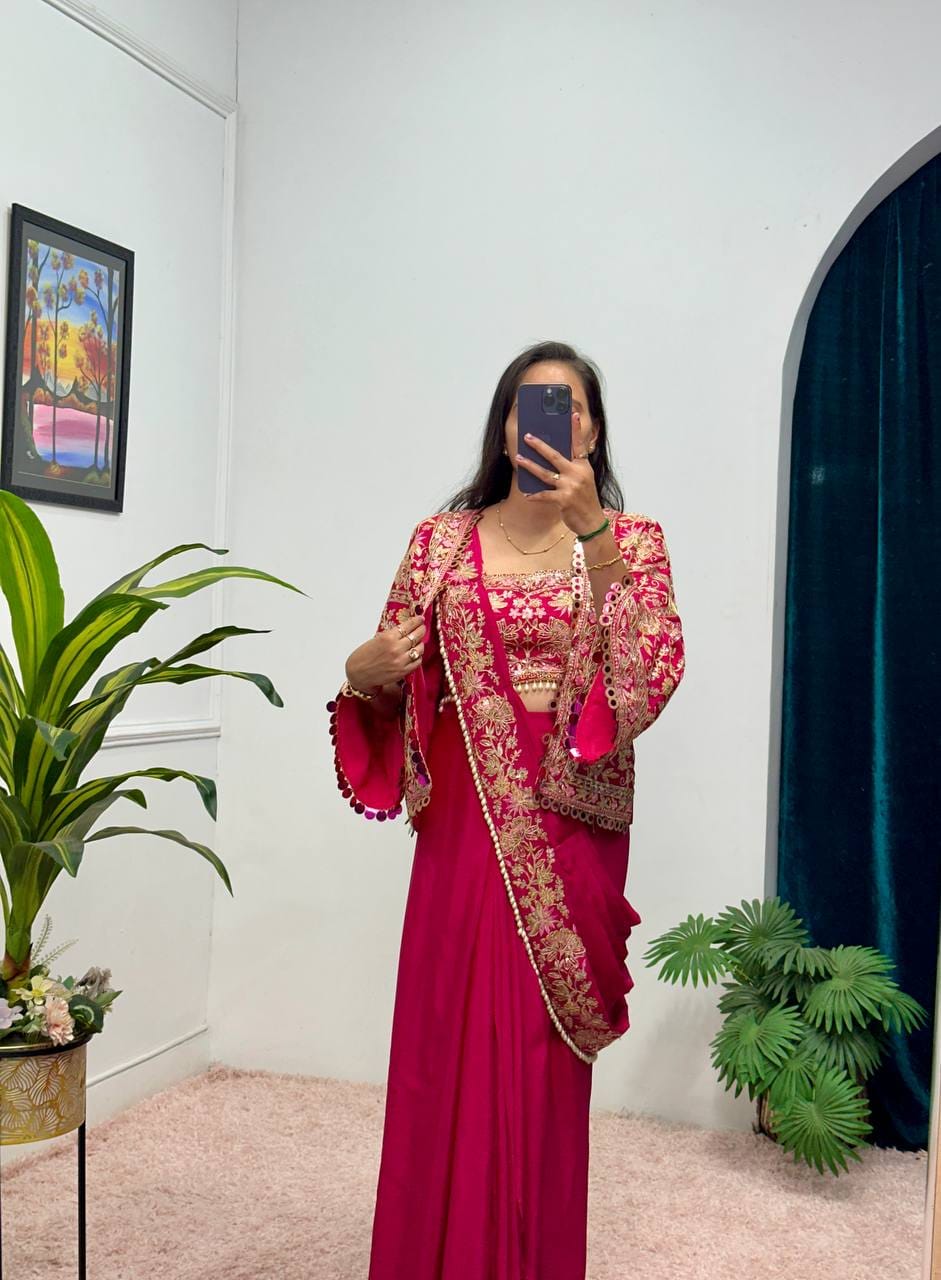 Rani Pink Chinon Saree with Koti - Model Mirror Selfie Side View
