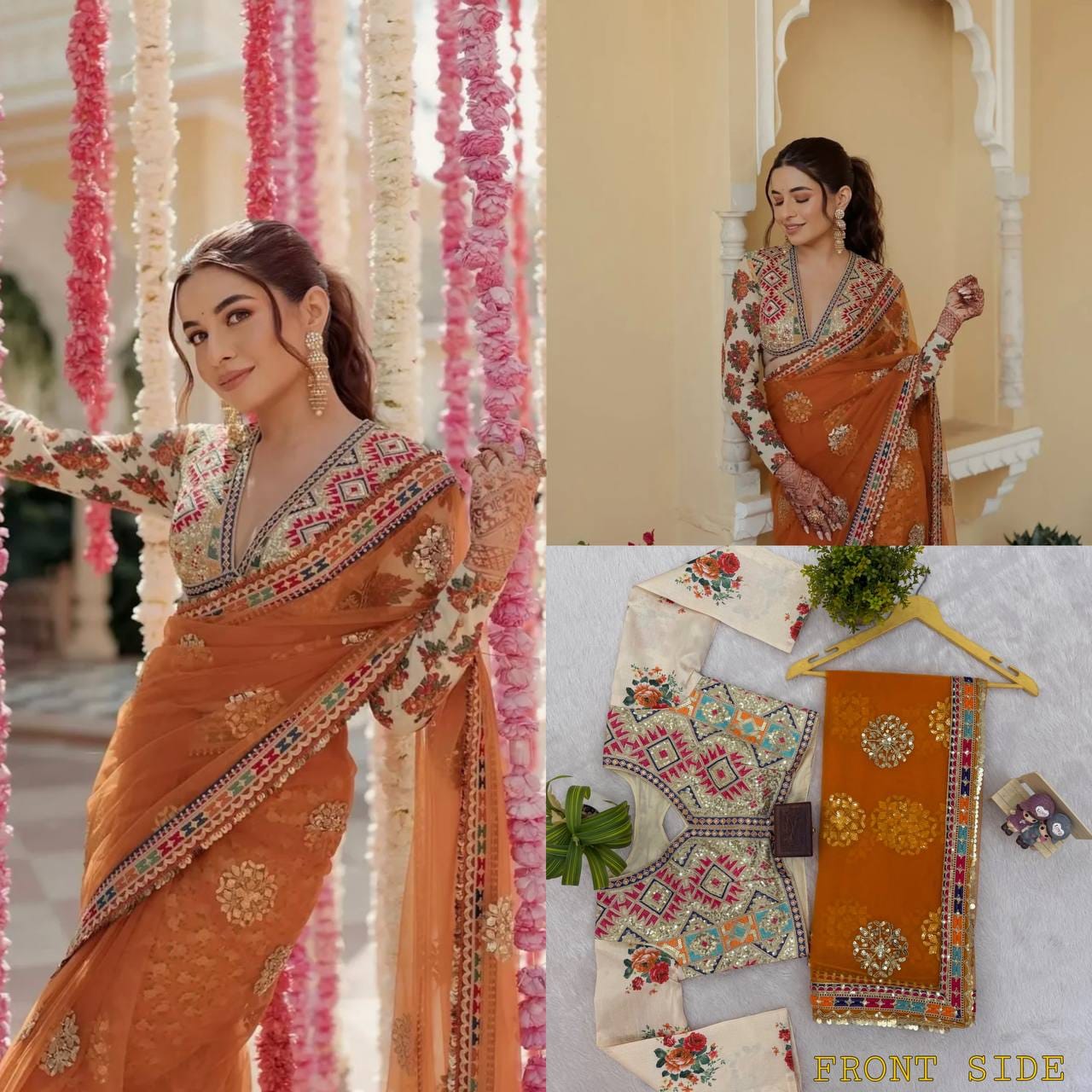 Mustard Net Saree Back Side Flat Lay with Embroidered Blouse