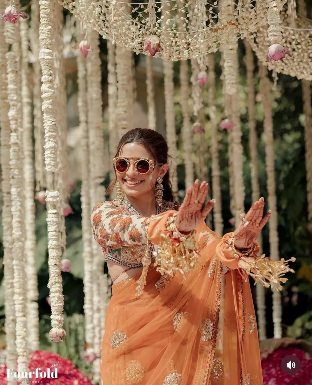 Mustard Net Saree - Model Full Length at Heritage Venue