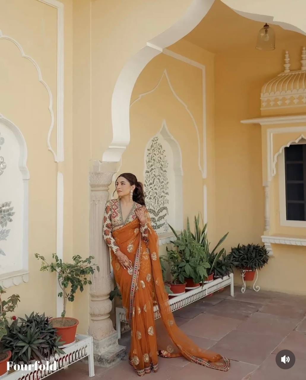 Mustard Net Saree Front Side Flat Lay with Embroidered Blouse