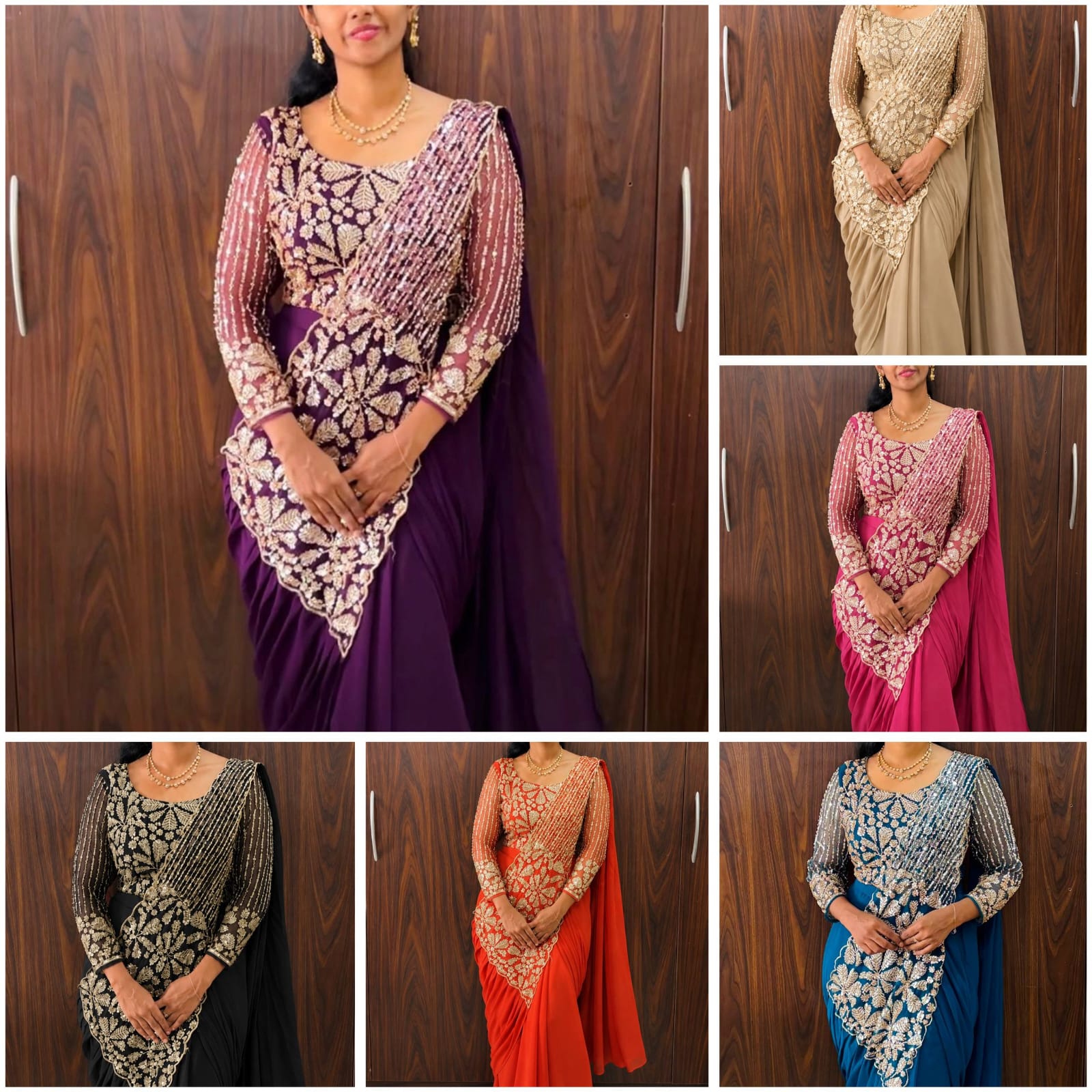 Gold Champagne Faux Georgette Ready To Wear Saree with Heavy Embroidered Blouse - Model Full View