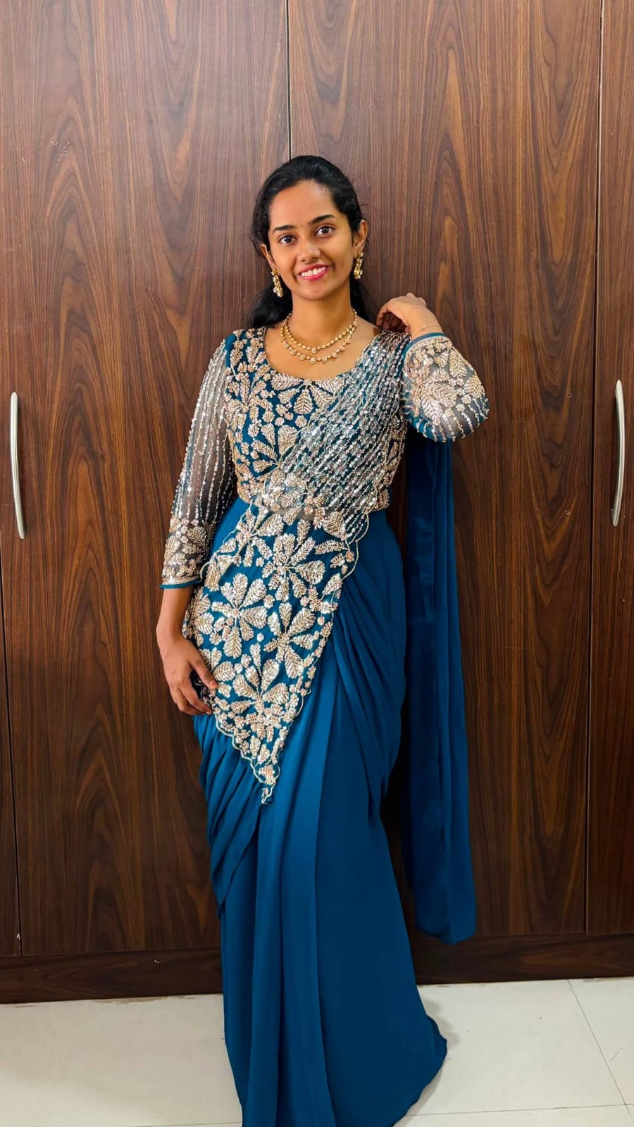 Rani Pink Faux Georgette Ready To Wear Saree with Heavy Embroidered Blouse - Model Full View