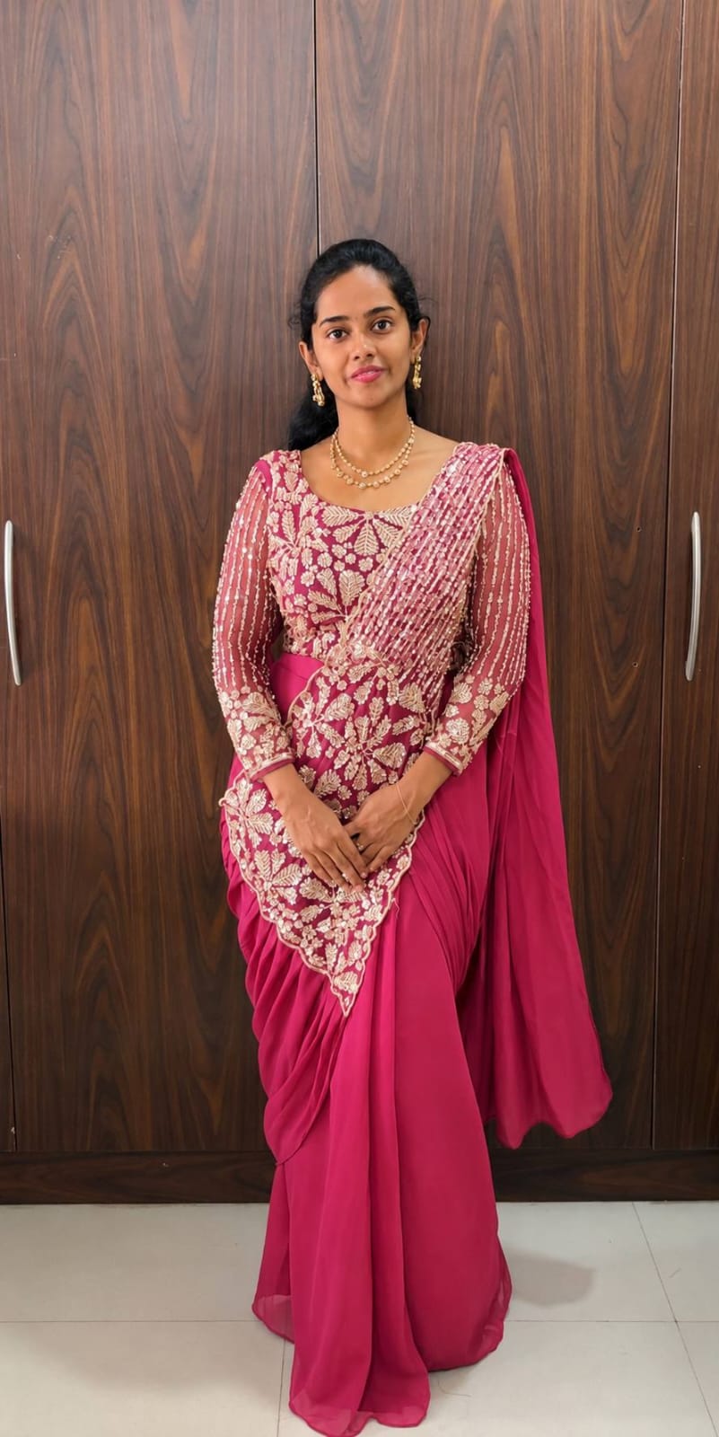 Purple Faux Georgette Ready To Wear Saree with Heavy Embroidered Blouse - Model Full View
